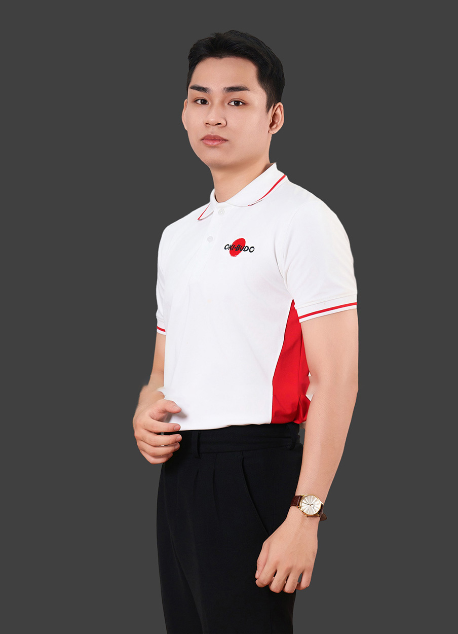 Áo polo đồng phục nhà hàng màu trắng phối hông đỏ